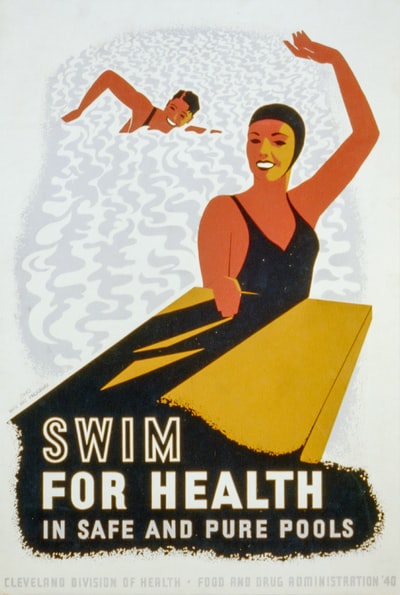 在安全纯净的游泳池里游泳以增进健康。WPA海报。